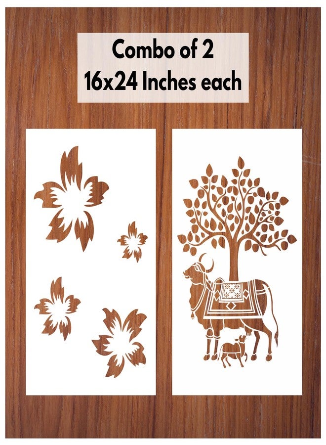 StenCart Combo of 2 Lily Floral & Kamdhenu Cow Stencils for Wall Painting DIY Reusable Wall Stencil Design for Wall Decoration (16x24 inch) -Pack of 2 - Image 1